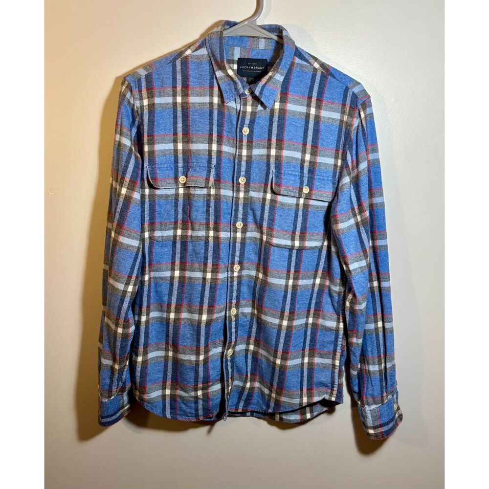 Lucky Brand Men’s Small Flannel Shirt – Blue Gray Red Plaid Long Sleeve Button